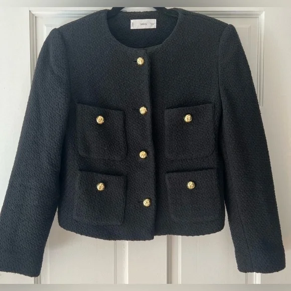 Mango Tweed Jacket with Pockets in Black - Size XXS